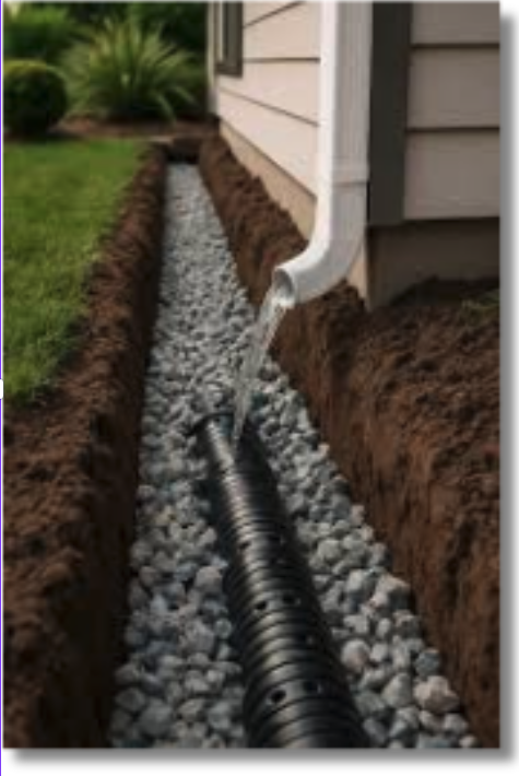 Stone drainage solution protecting home foundation in Maine